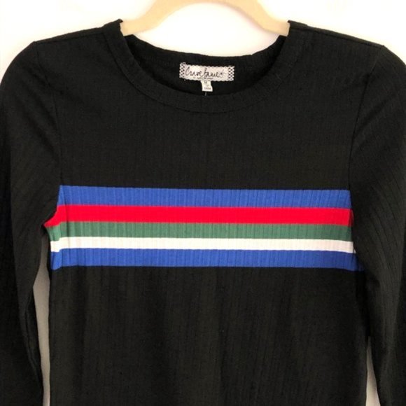 New Crave Fame Striped Rib Knit 3/4 Sleeve Tee Black Multi Juniors Size Medium - Picture 4 of 13